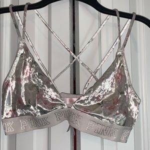 PINK Velvet White Bralette with pink flowers